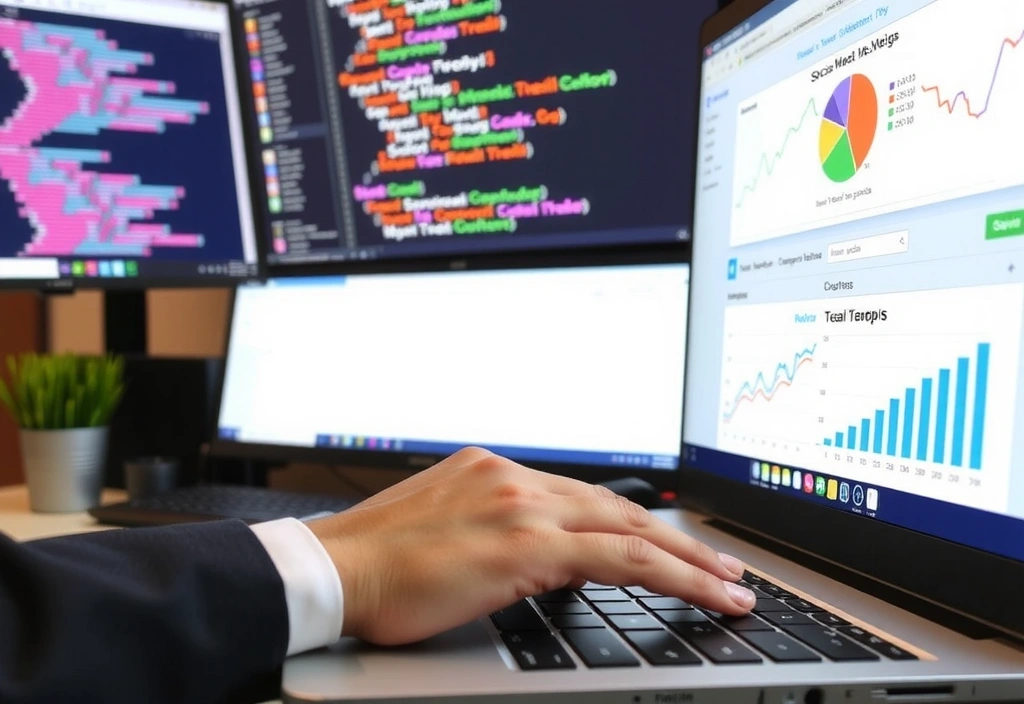 Hands typing on a keyboard with code and digital marketing tools on screens