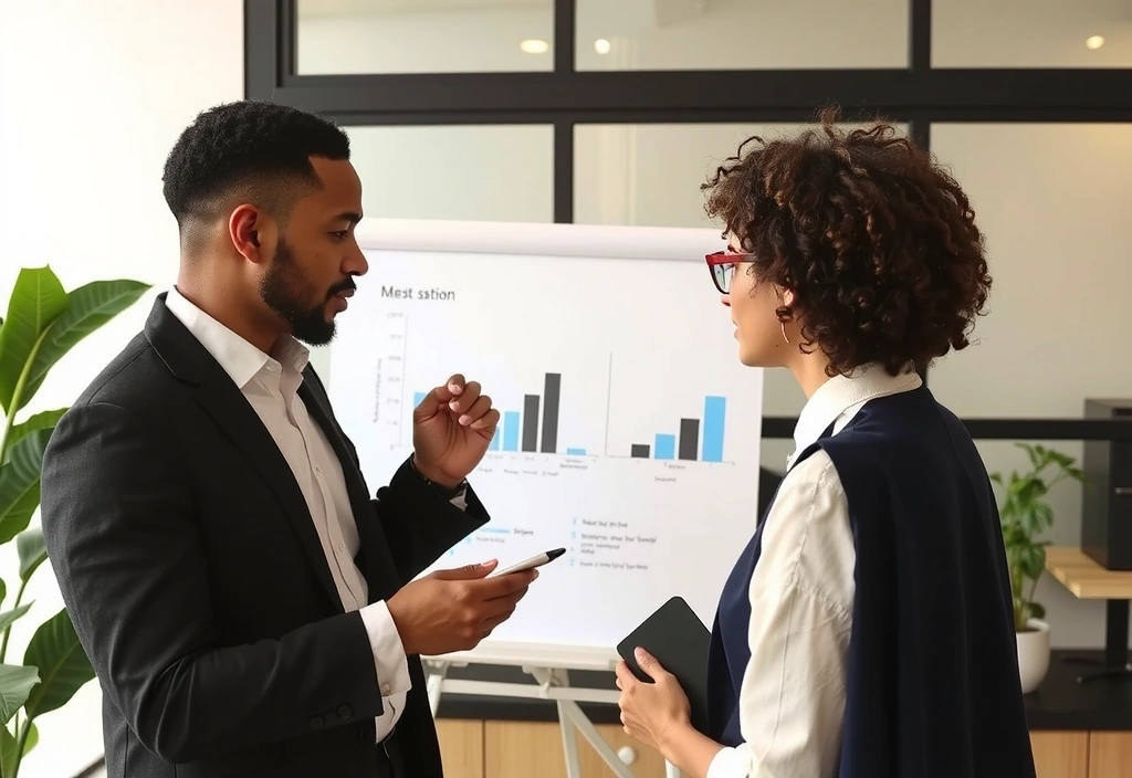 Two business people discussing strategy with charts and notes