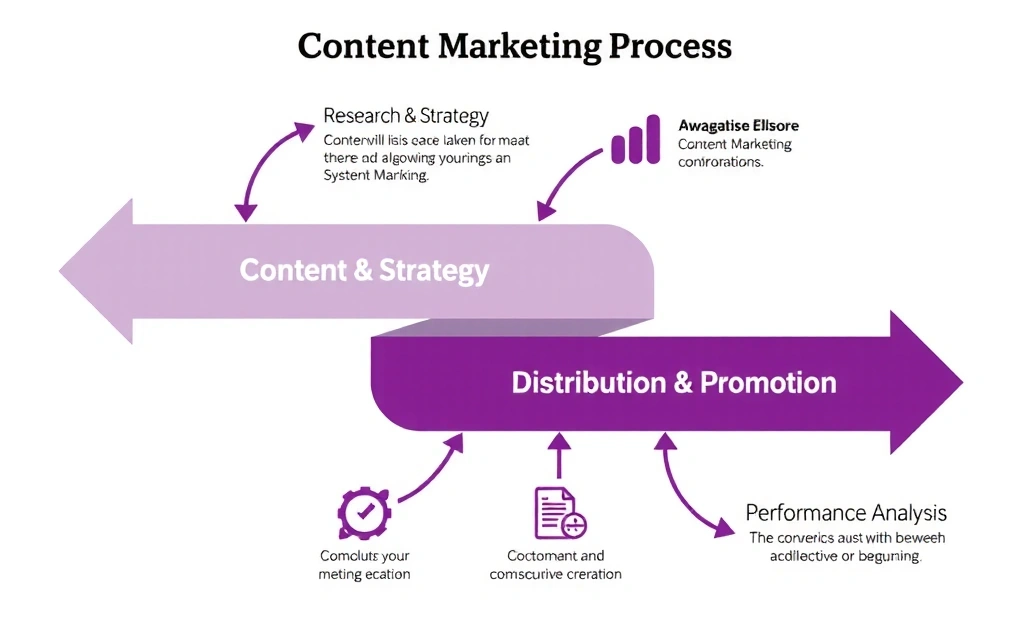 A flowchart illustrating the content marketing process from research to analysis