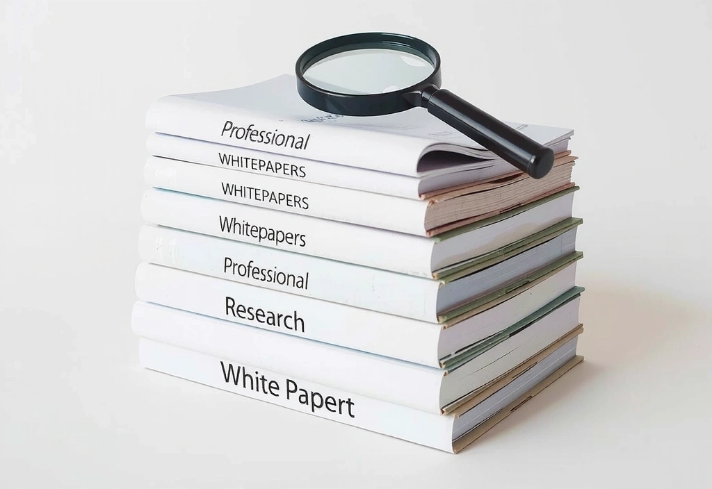 A stack of whitepapers and ebooks with a magnifying glass, representing in-depth content research.