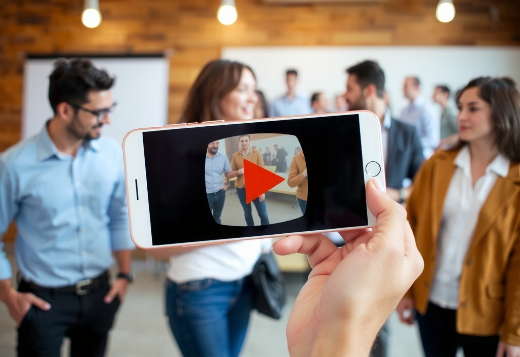 A smartphone displaying a video play button over a dynamic scene, representing video content marketing.