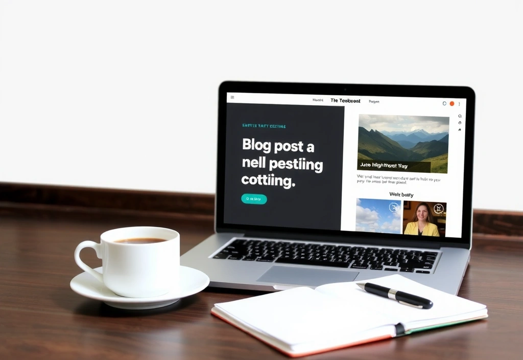 A laptop screen displaying a well-designed blog post, with a coffee cup and notepad beside it, symbolizing content creation.
