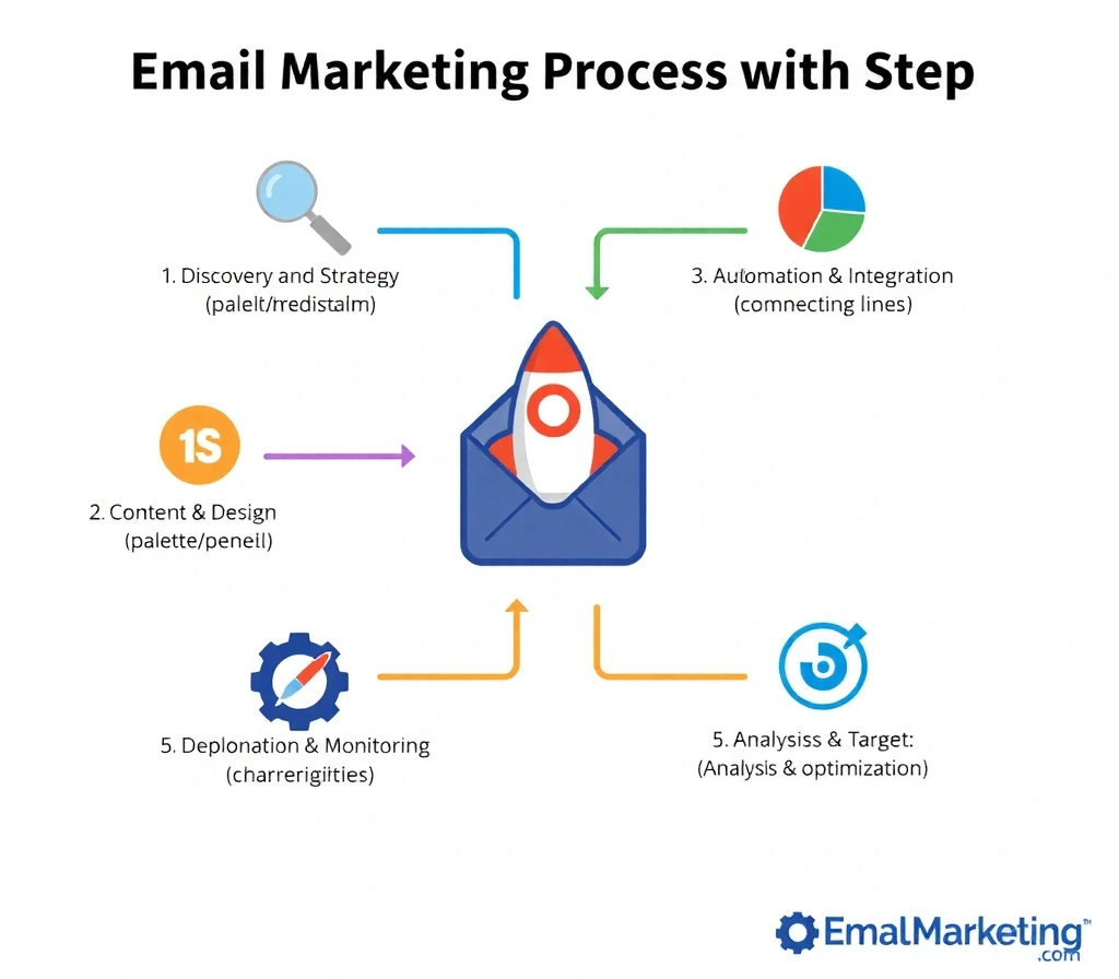 A flowchart illustrating the five-step email marketing process with icons for strategy, design, automation, deployment, and analysis, set against a clean, modern background.