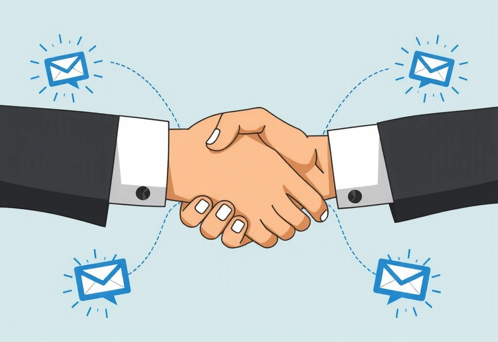 An illustration of a handshake between two business professionals, symbolizing trust and strong client relationships, with email icons subtly integrated into the background.