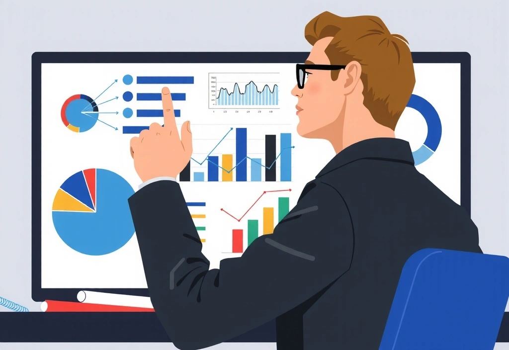 Illustration of a person analyzing data on a dashboard with charts and graphs
