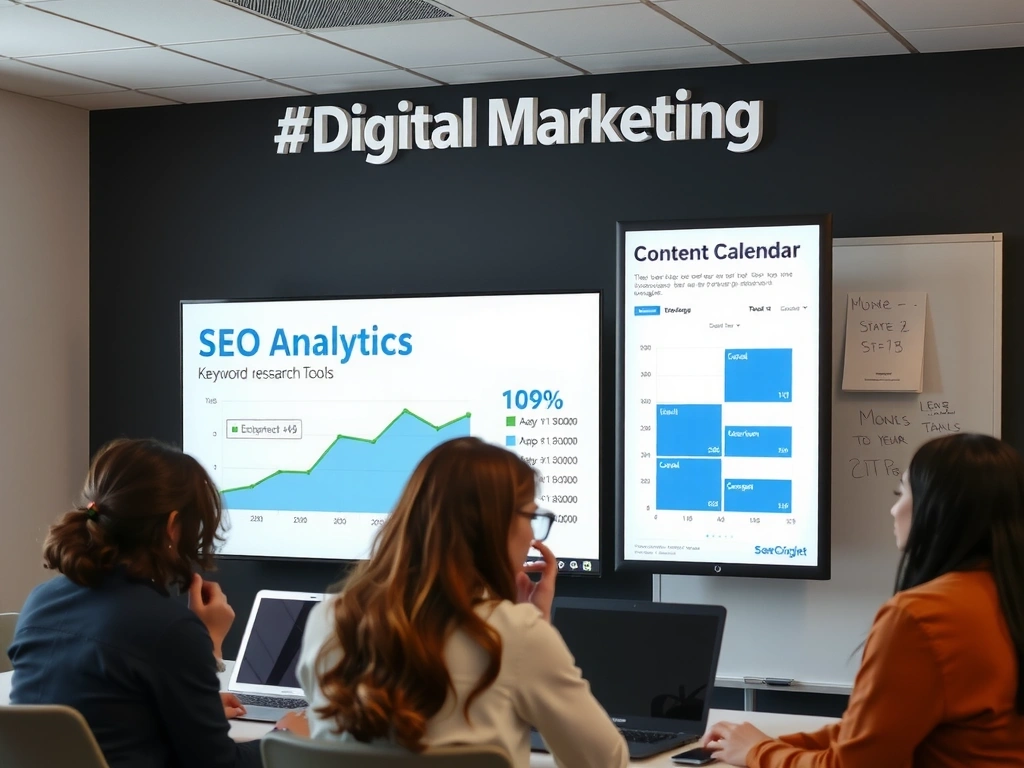 Team collaborating on SEO strategy with charts and data