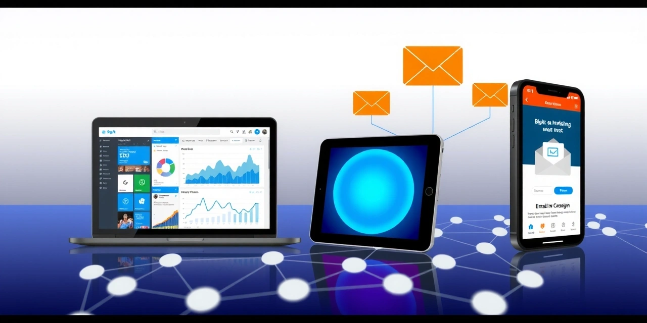 A wide panoramic image representing diverse digital channels or tools, showing various screens, charts, and data visualizations. A central glowing orb symbolizes digital growth and connectivity.
