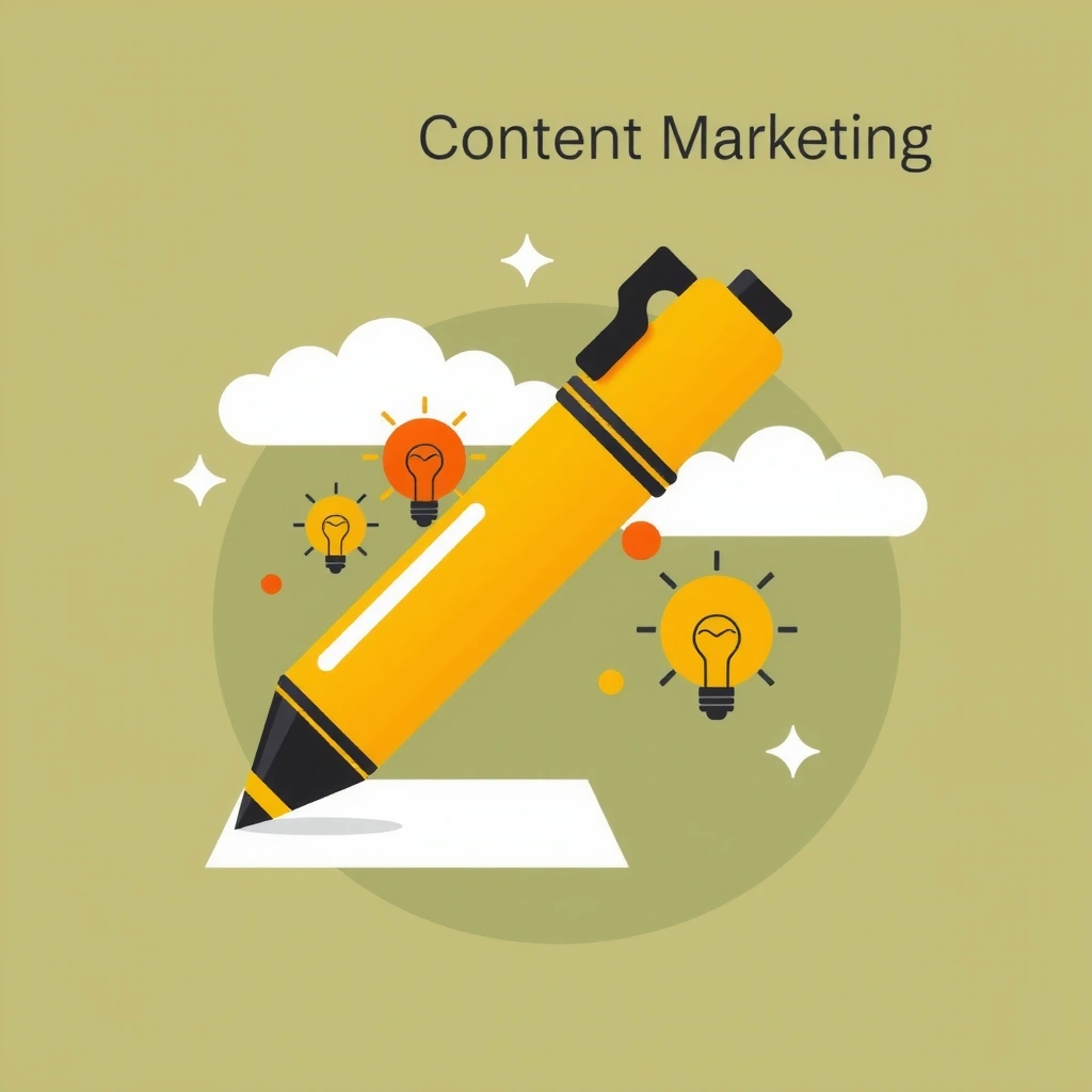 Content Marketing icon: a pen and paper with creative ideas flowing, symbolizing engaging content creation.