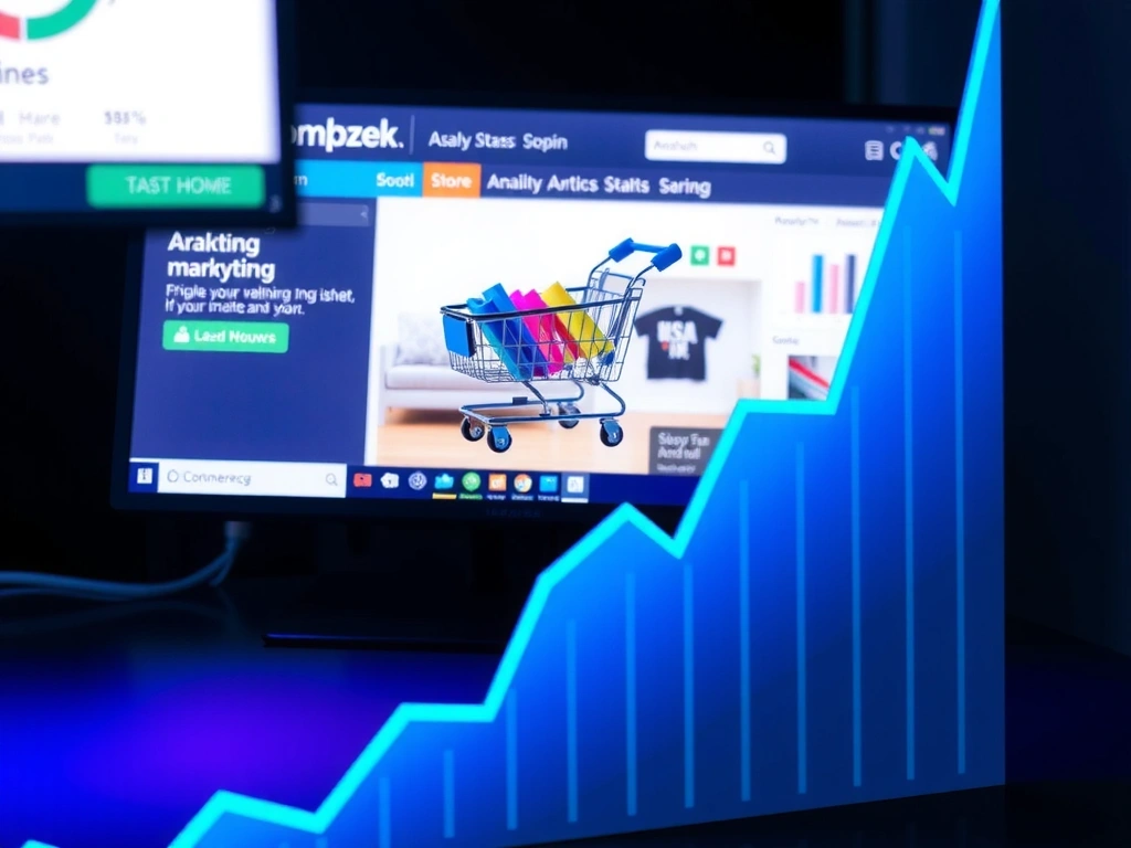 Digital marketing success graph showing upward trend, with an e-commerce storefront visible in the background, overlaid with data points and analytics dashboards.