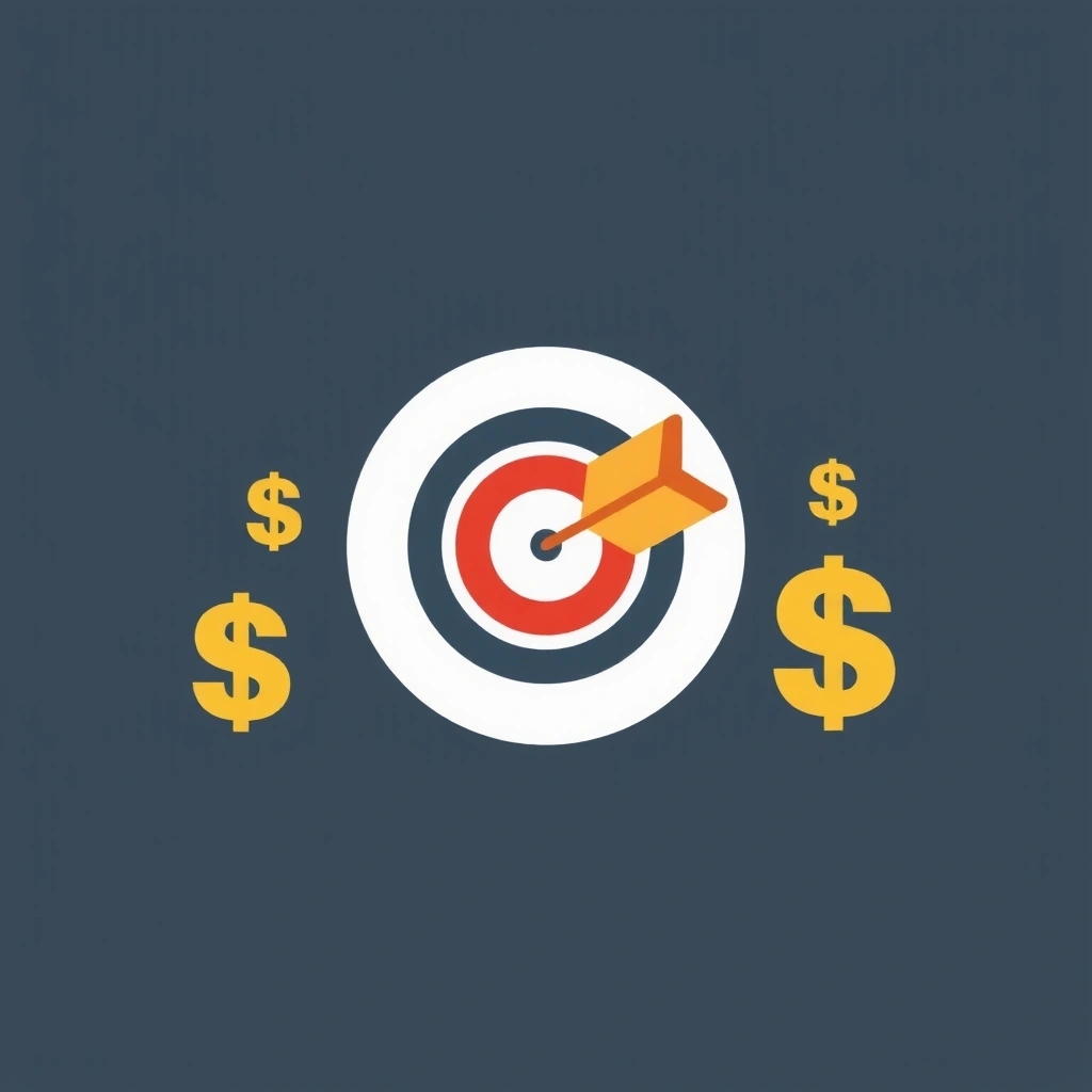 PPC icon: a target symbol with an arrow hitting the bullseye, surrounded by dollar signs, representing targeted paid advertising.