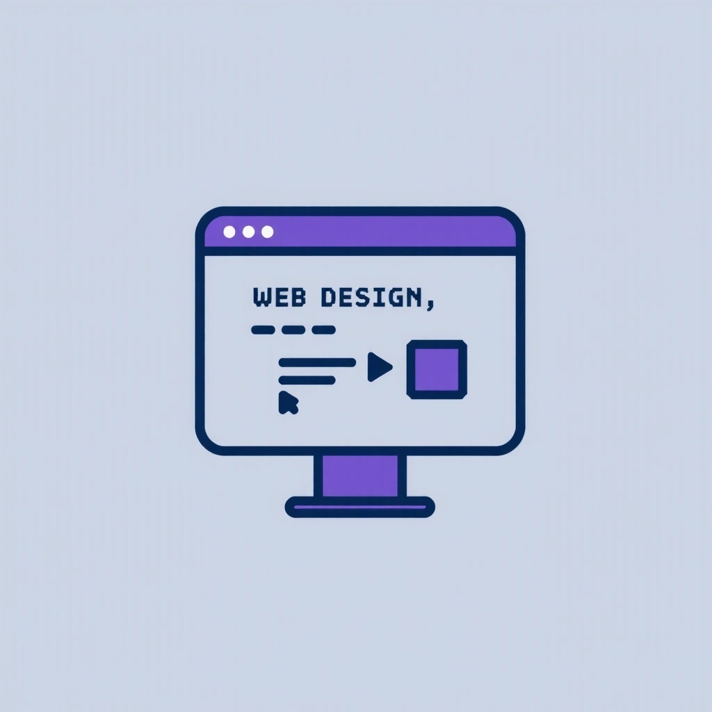 Web Design & Development icon: a pixelated browser window with code snippets and design elements, symbolizing website creation.
