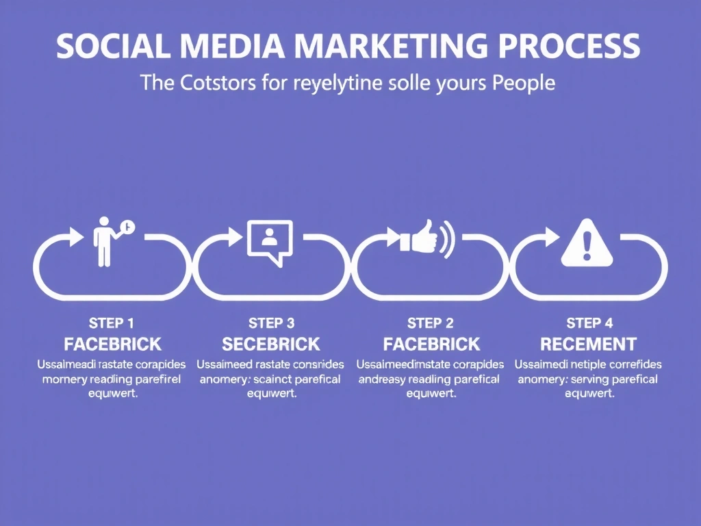A detailed infographic illustrating a four-step social media marketing process with icons and arrows, representing strategy, content, launch, and analysis.