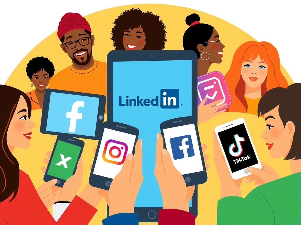 People interacting on various social media interfaces with adloom branding