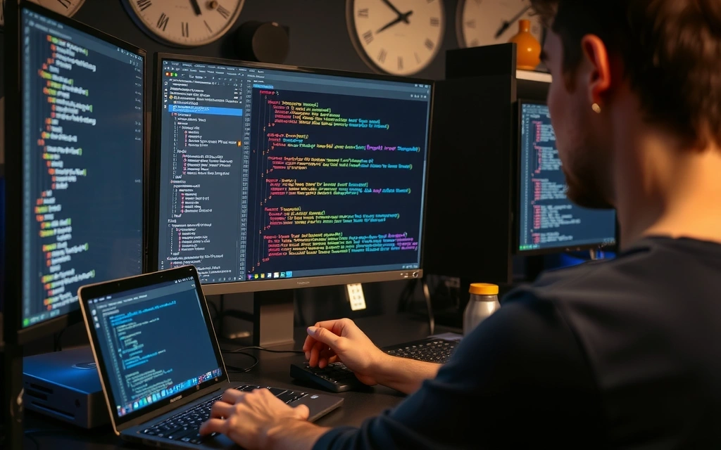 Developer coding on multiple screens with code snippets visible
