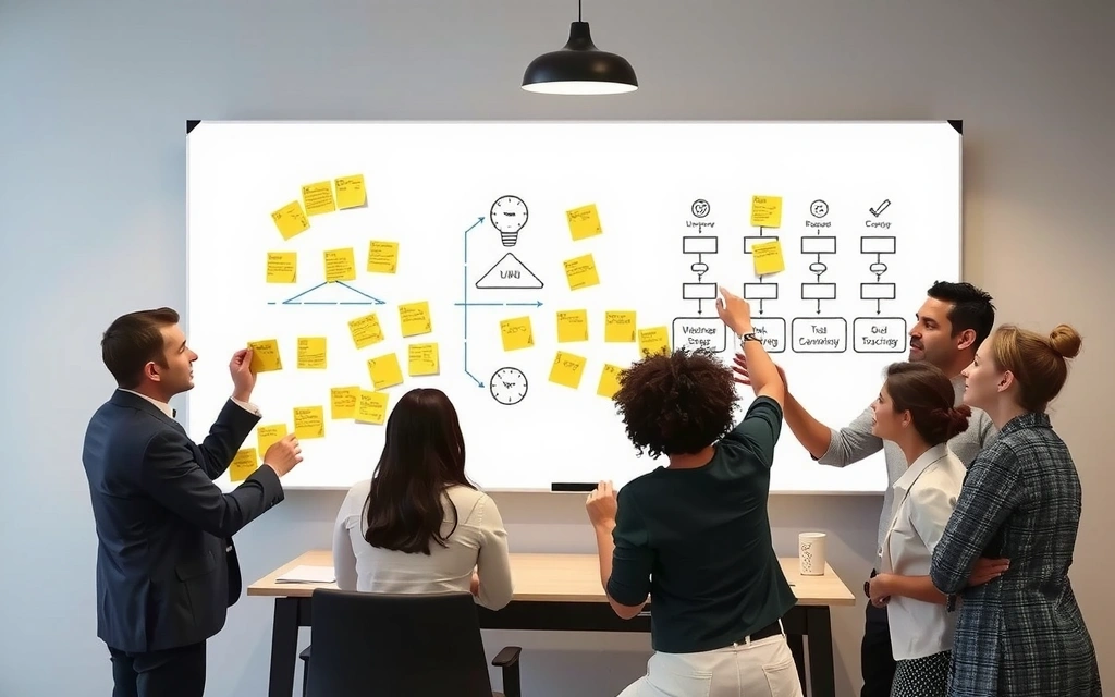Team brainstorming session with sticky notes and whiteboards